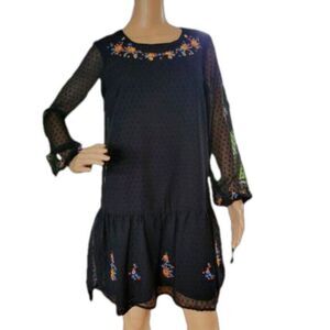 Japna Dress Black Embroidered Floral lined chiffon long sheer sleeves Medium EUC